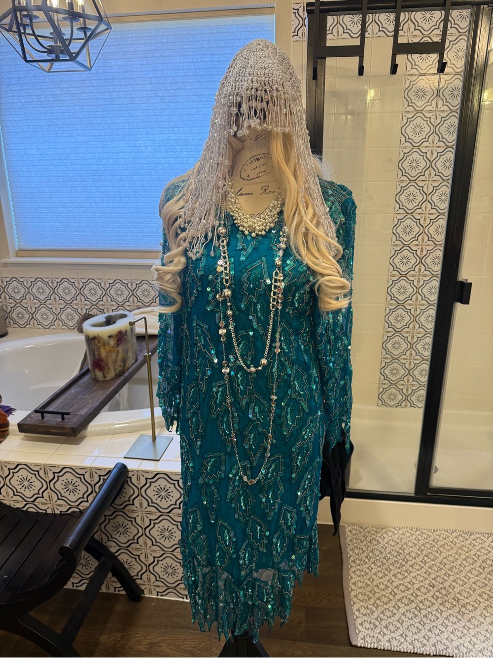 Vintage SCALA 100% Silk Dress w/Wig, Headdress & necklaces - Flapper Costume